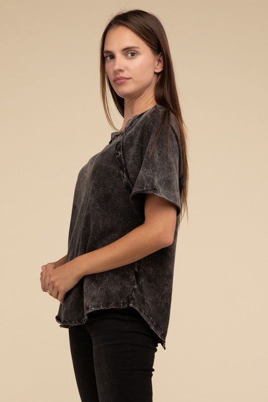 Back Patch Crinkle Washed Raglan Sleeve T-Shirt - Zenana