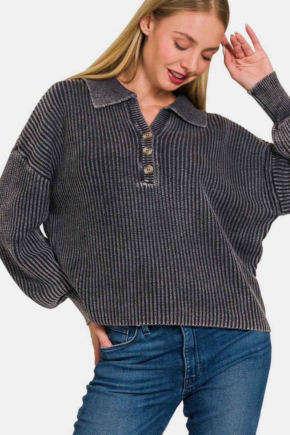 Zenana Washed Half Button Long Sleeve Sweater - Black