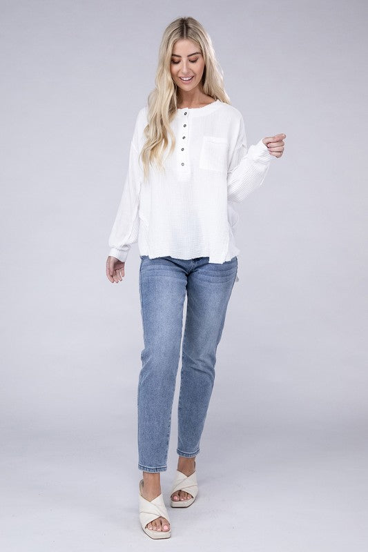 Double Gauze Oversized 3/4 Button Henley Neck Top - Zenana