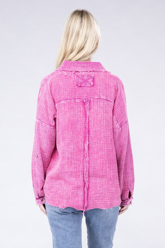 Washed Double Gauze Button Down Shirt - Zenana