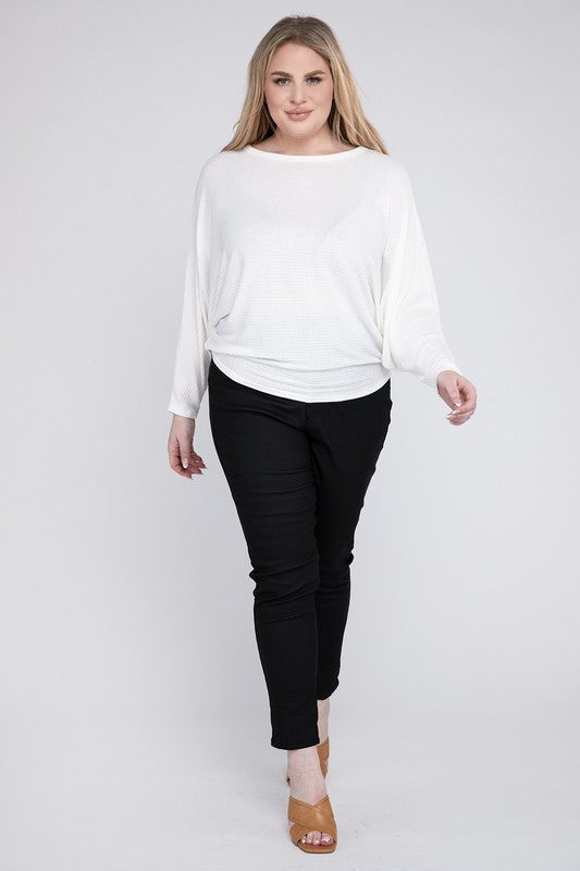 Plus Ribbed Batwing Long Sleeve Boat Neck Sweater - Zenana