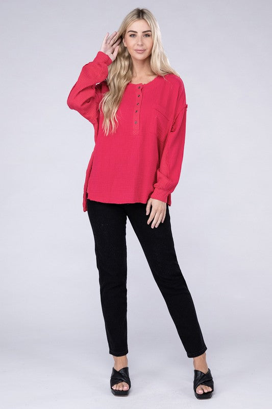 Double Gauze Oversized 3/4 Button Henley Neck Top - Zenana