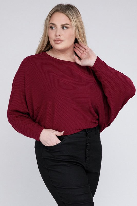 Plus Ribbed Batwing Long Sleeve Boat Neck Sweater - Zenana