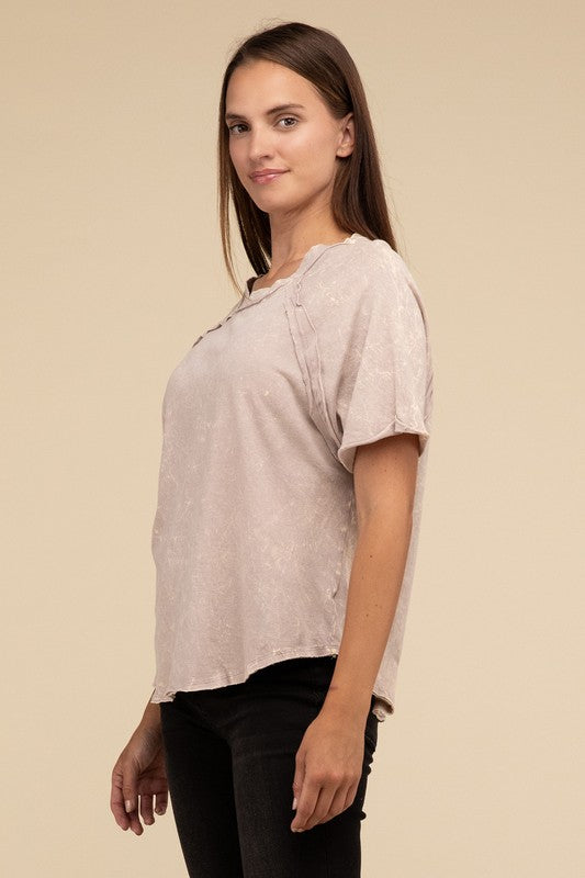 Back Patch Crinkle Washed Raglan Sleeve T-Shirt - Zenana