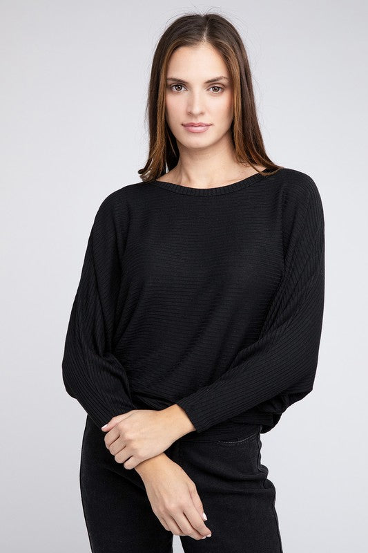 Ribbed Batwing Long Sleeve Boat Neck Sweater - Zenana