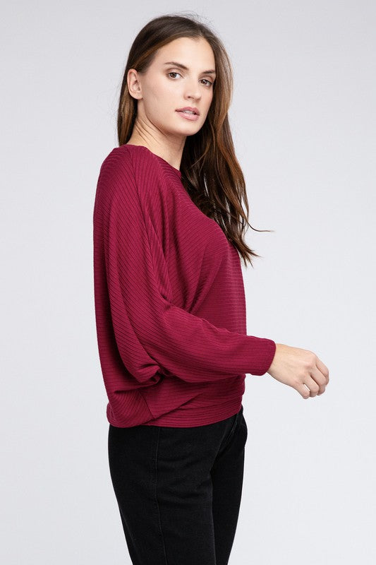 Ribbed Batwing Long Sleeve Boat Neck Sweater - Zenana