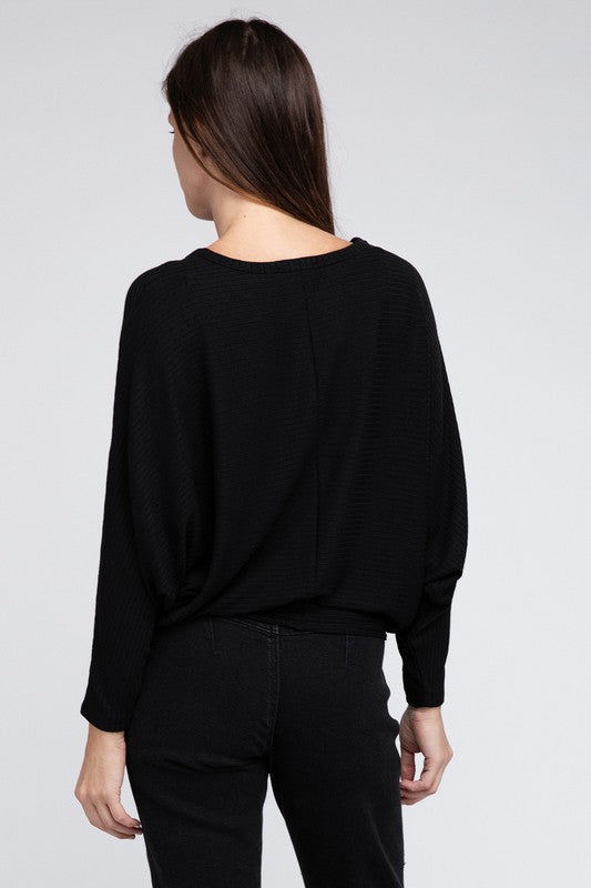 Ribbed Batwing Long Sleeve Boat Neck Sweater - Zenana