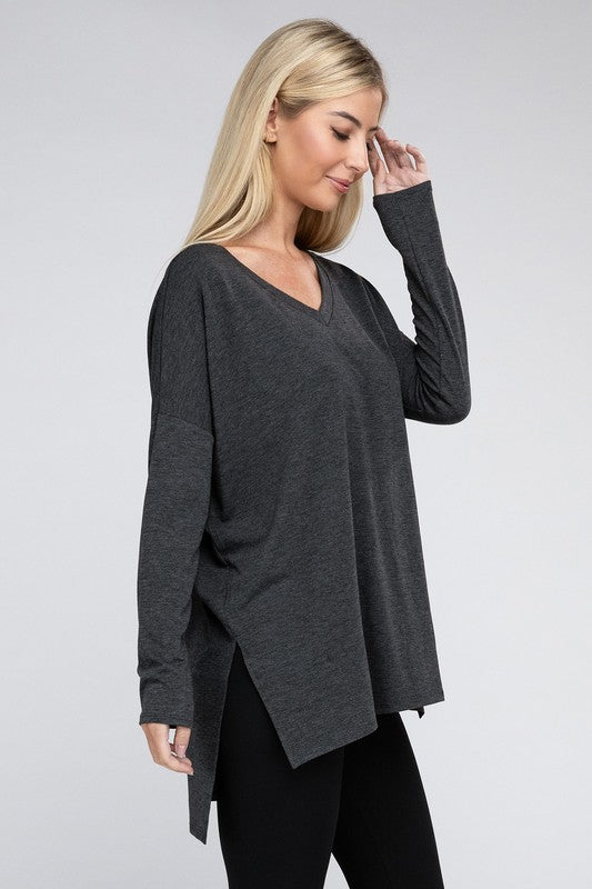 Dolman Long Sleeve V-Neck Side Slit Hi-Low Hem Top - Zenana