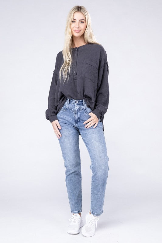 Double Gauze Oversized 3/4 Button Henley Neck Top - Zenana
