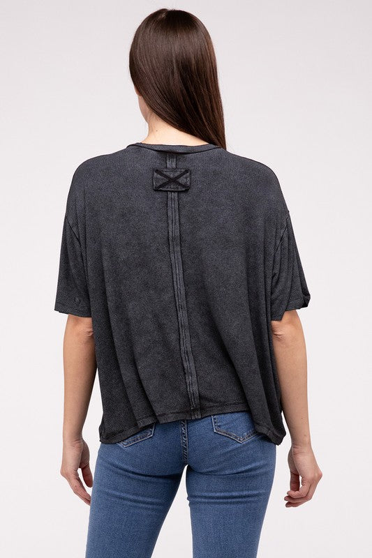 Washed Ribbed Cuffed Short Sleeve Round Neck Top - Zenana