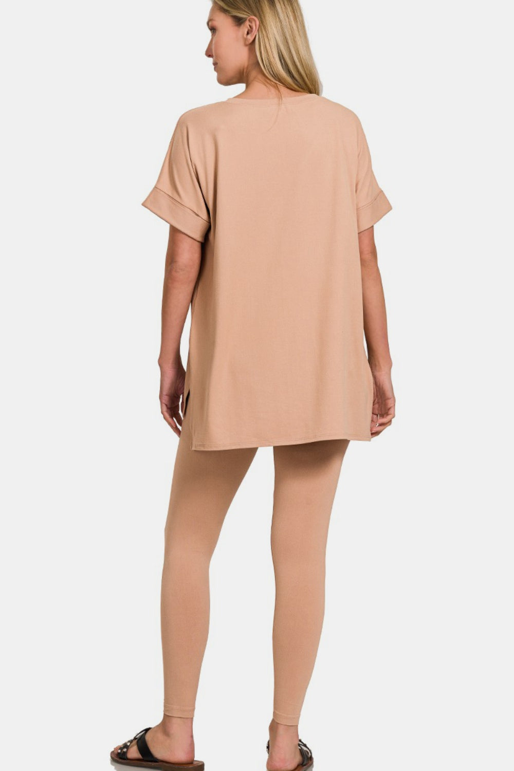 Zenana Full Size V-Neck Rolled Short Sleeve T-Shirt and Leggings Lounge Set - Brush
