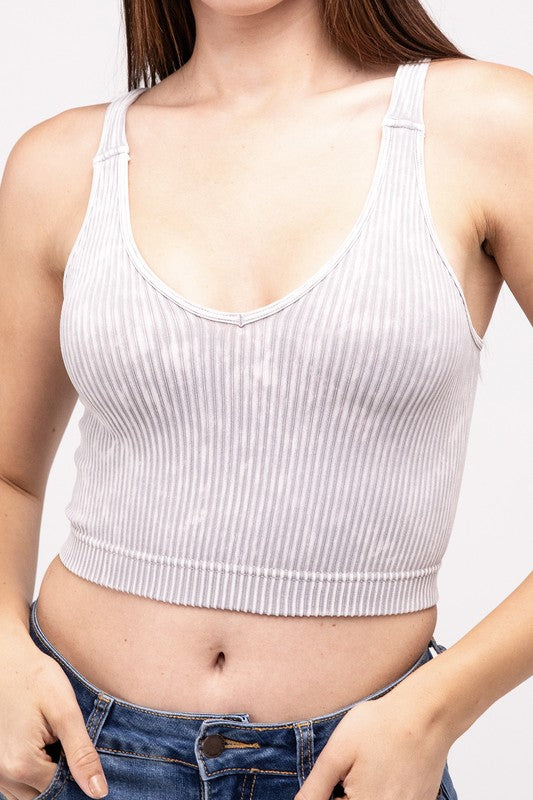 Washed Ribbed Cropped V-Neck Tank Top - Zenana
