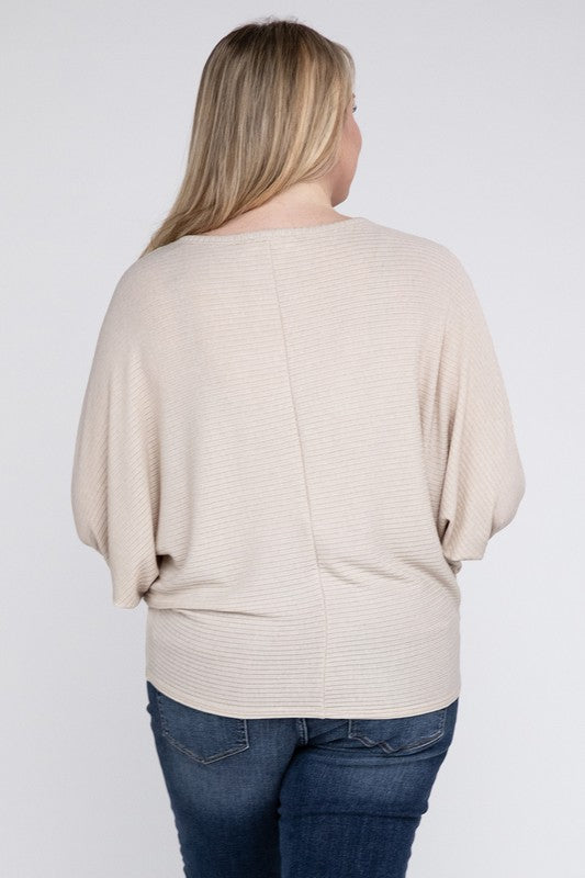 Plus Ribbed Batwing Long Sleeve Boat Neck Sweater - Zenana