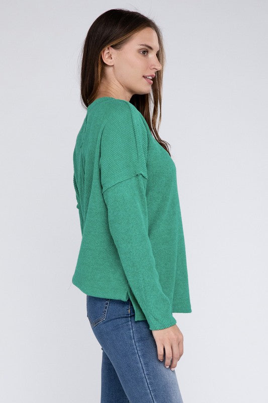 Ribbed Brushed Melange Hacci Sweater with a Pocket - Zenana