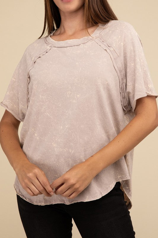 Back Patch Crinkle Washed Raglan Sleeve T-Shirt - Zenana