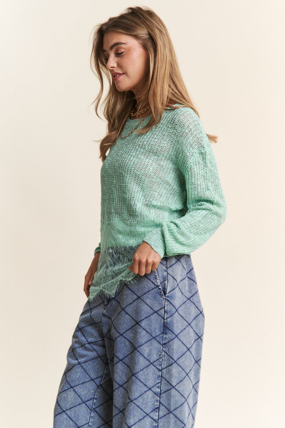 J.NNA Lace Detail Long Sleeve Knit Top - Sage