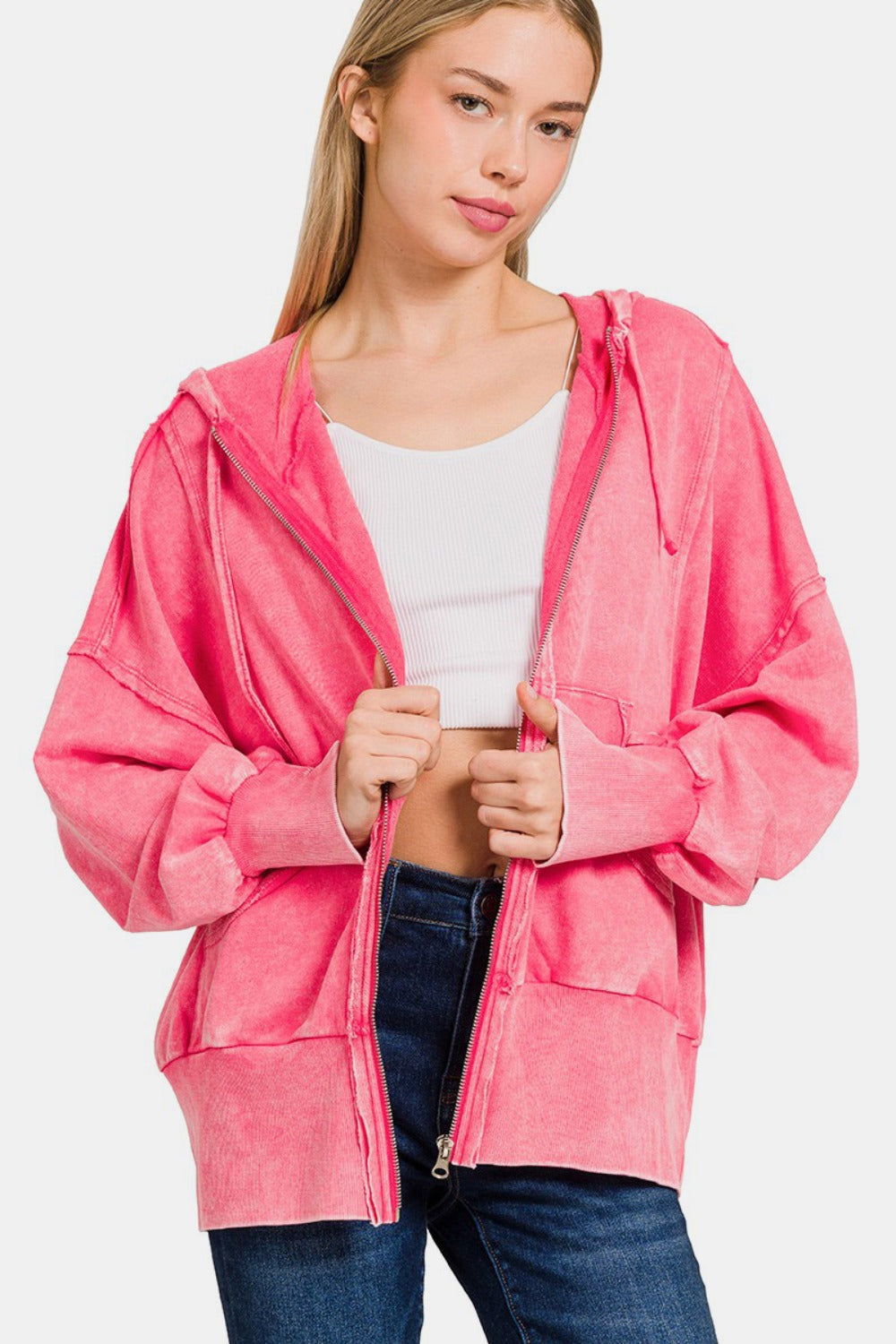 Zenana Acid Washed French Terry Zip-Up Hoodie with Pockets - Fuchsia