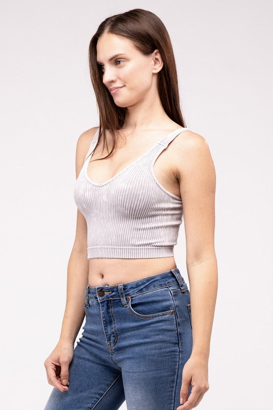 Washed Ribbed Cropped V-Neck Tank Top - Zenana