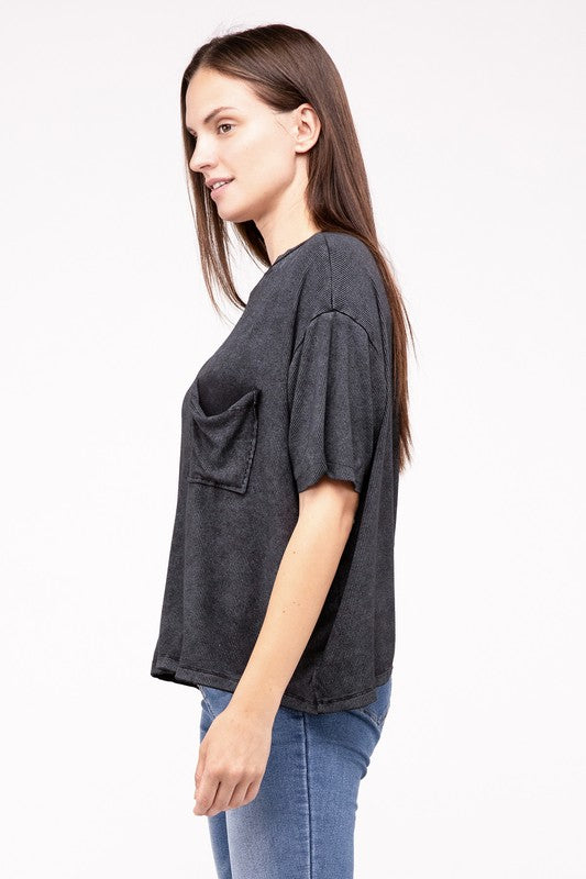 Washed Ribbed Cuffed Short Sleeve Round Neck Top - Zenana