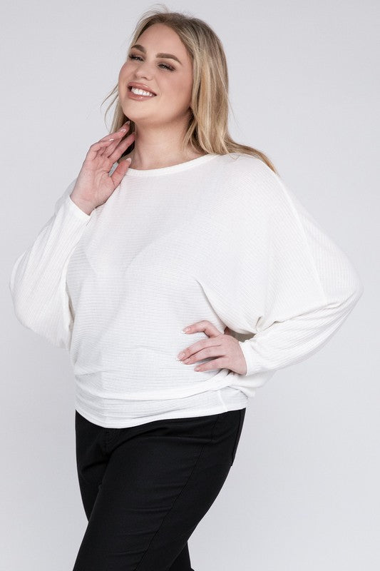 Plus Ribbed Batwing Long Sleeve Boat Neck Sweater - Zenana