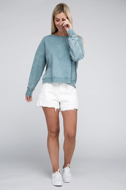 French Terry Acid Wash Boat Neck Pullover - Zenana