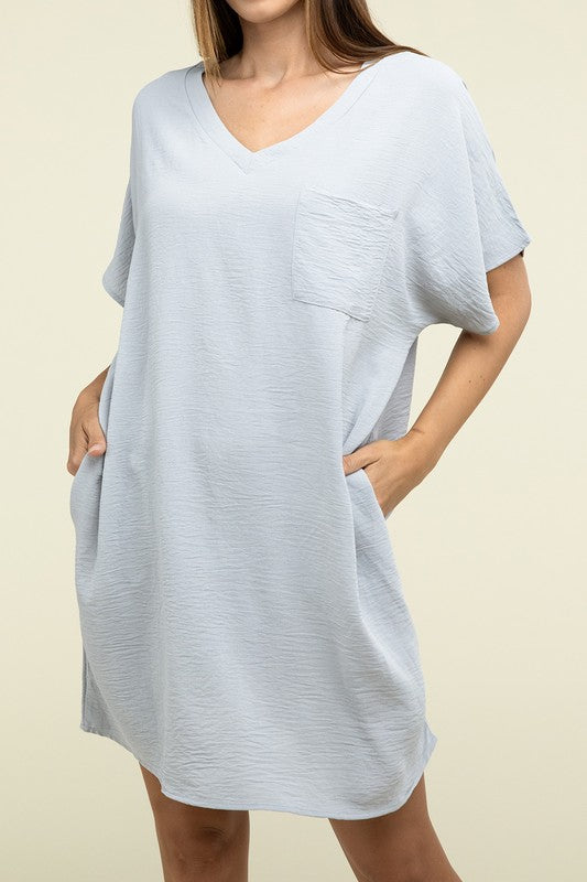 Woven Airflow V Neck T-Shirt Dress with Pockets - Zenana