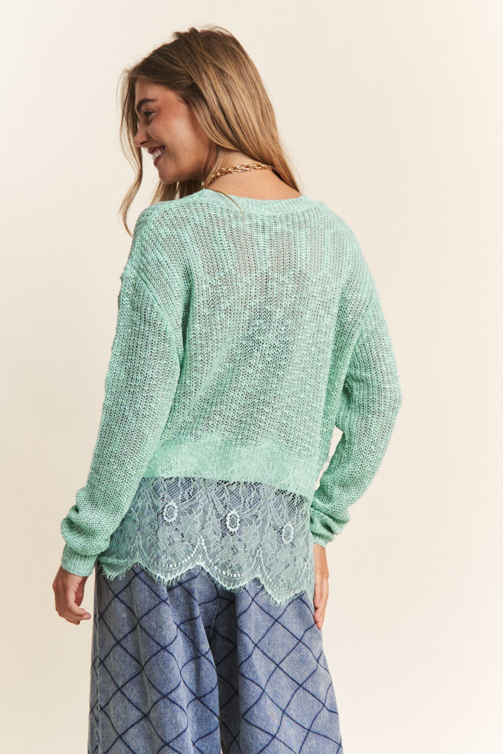 J.NNA Lace Detail Long Sleeve Knit Top - Sage