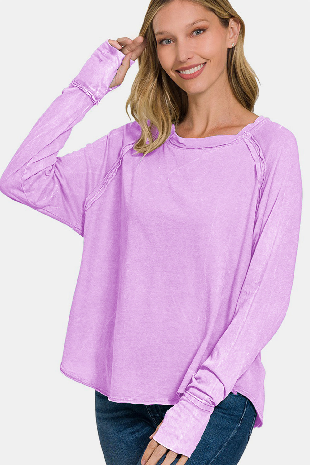 Zenana Round Neck Thumbhole Long Sleeve T-Shirt - Lavender