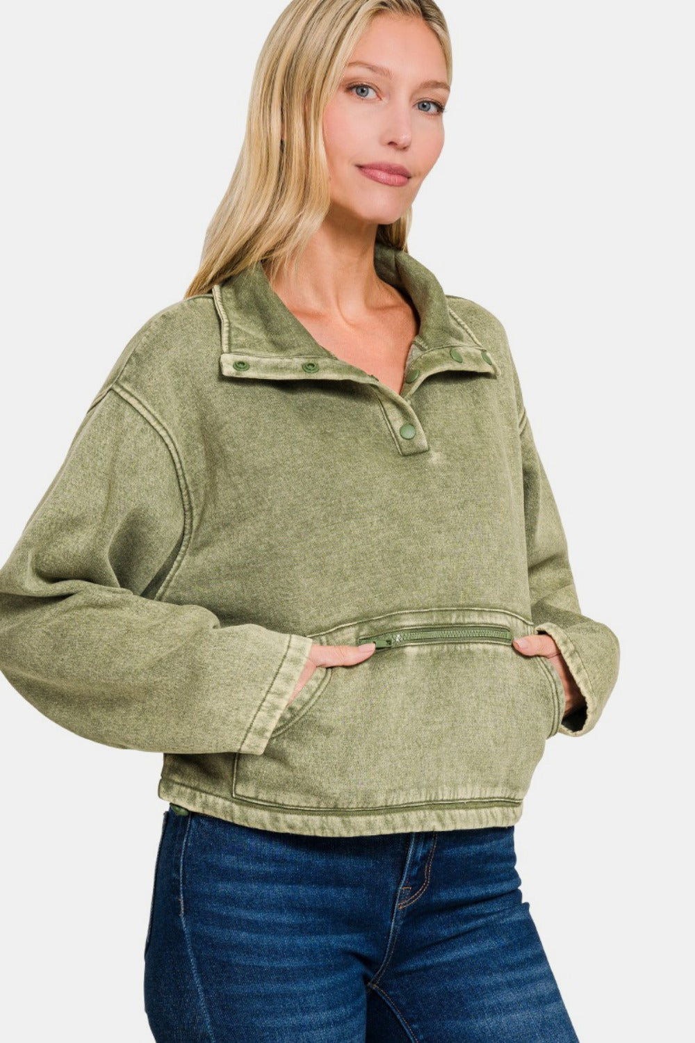 Zenana Acid Wash Fleece Half Snap Sweatshirt with Pocket - Olive
