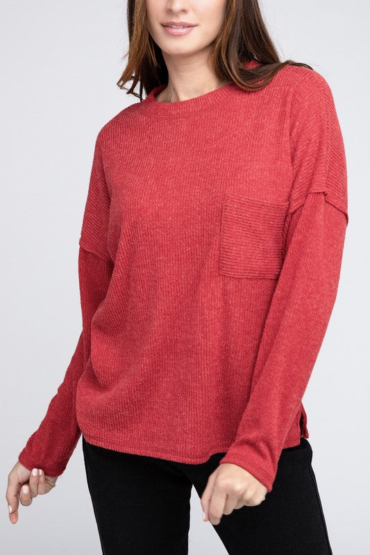 Ribbed Brushed Melange Hacci Sweater with a Pocket - Zenana