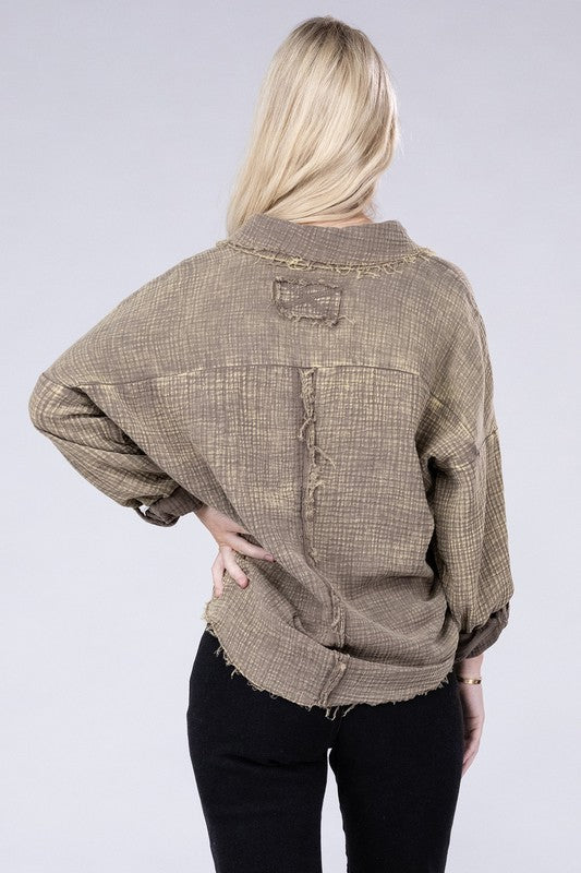 Washed Double Gauze Button Down Shirt - Zenana