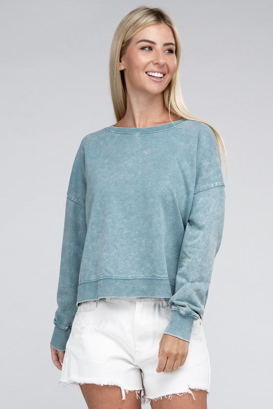 French Terry Acid Wash Boat Neck Pullover - Zenana