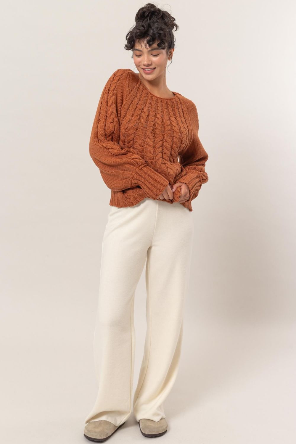HYFVE Cable-Knit Round Neck Raglan Sleeve Sweater - Rust