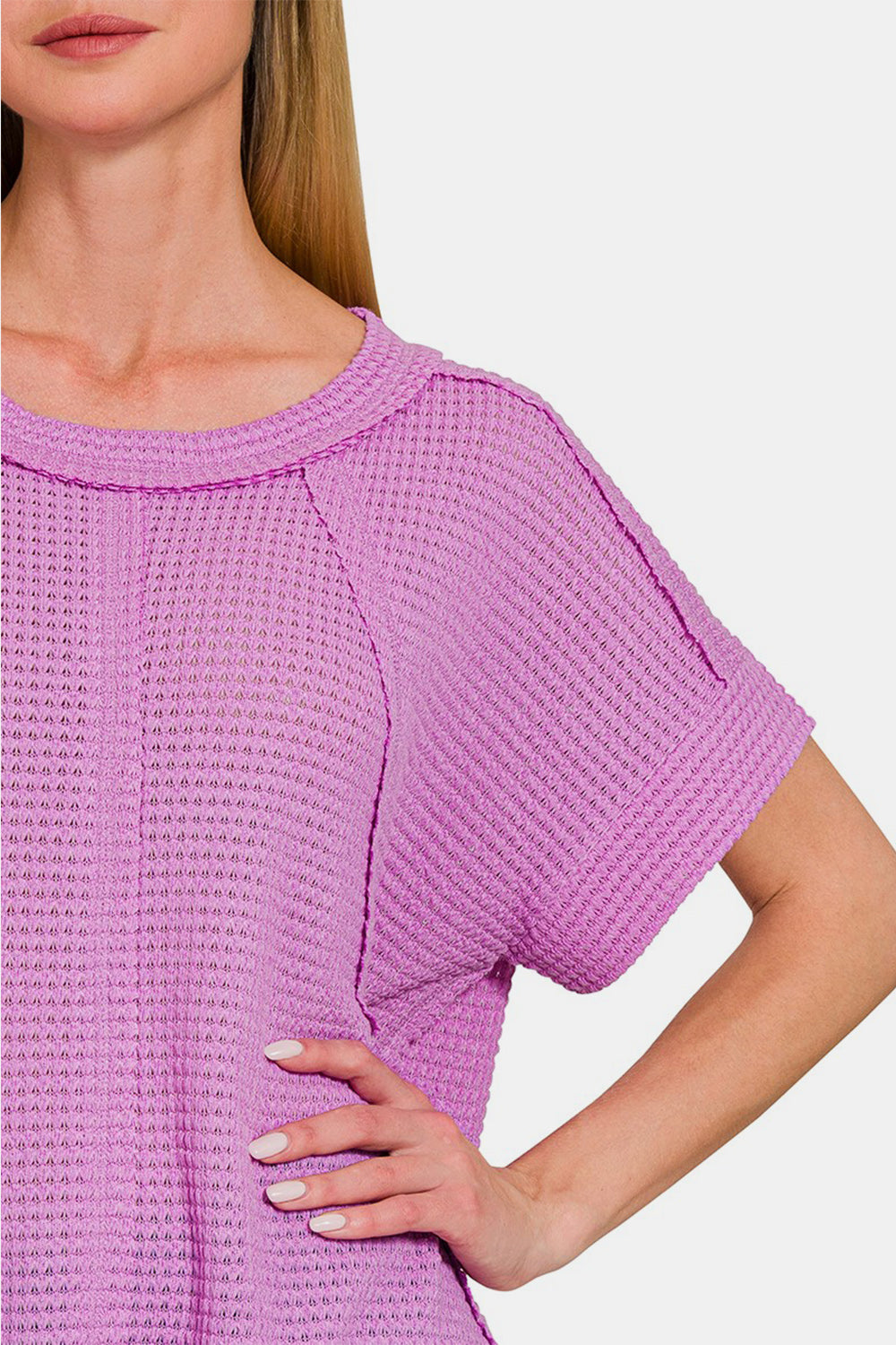 Zenana Waffle Exposed-Seam Short Sleeve T-Shirt - Lavender