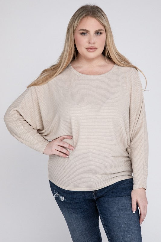 Plus Ribbed Batwing Long Sleeve Boat Neck Sweater - Zenana