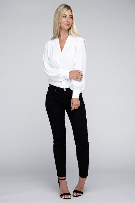 Woven Airflow V-Neck Long Sleeve Top - Zenana