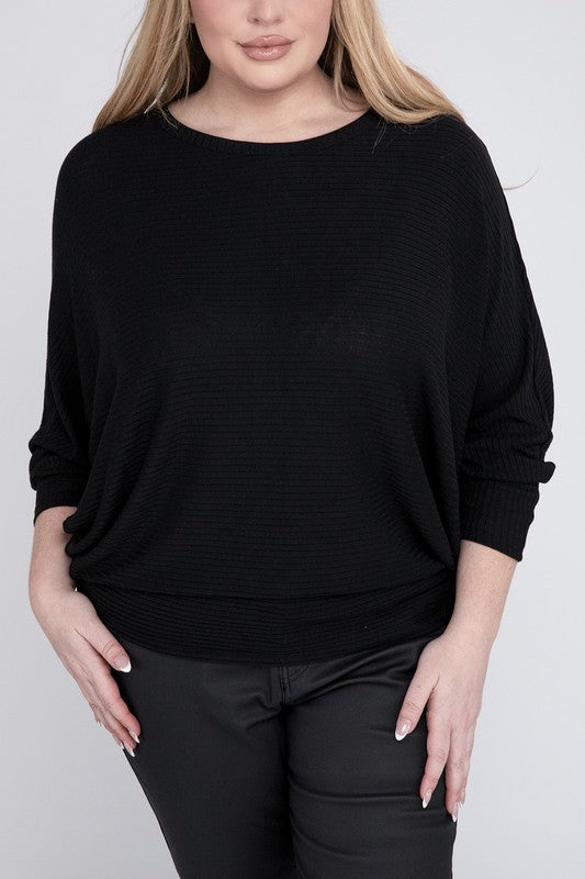 Plus Ribbed Batwing Long Sleeve Boat Neck Sweater - Zenana