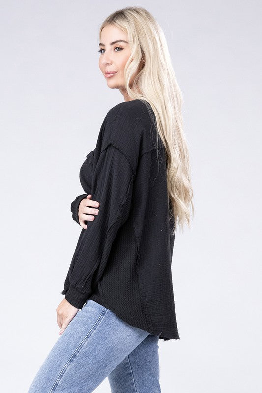 Double Gauze Oversized 3/4 Button Henley Neck Top - Zenana