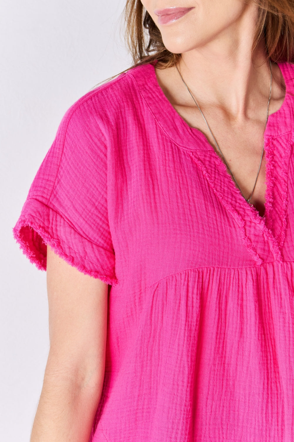 Zenana Full Size Raw Hem Short Sleeve Top - Hot Pink