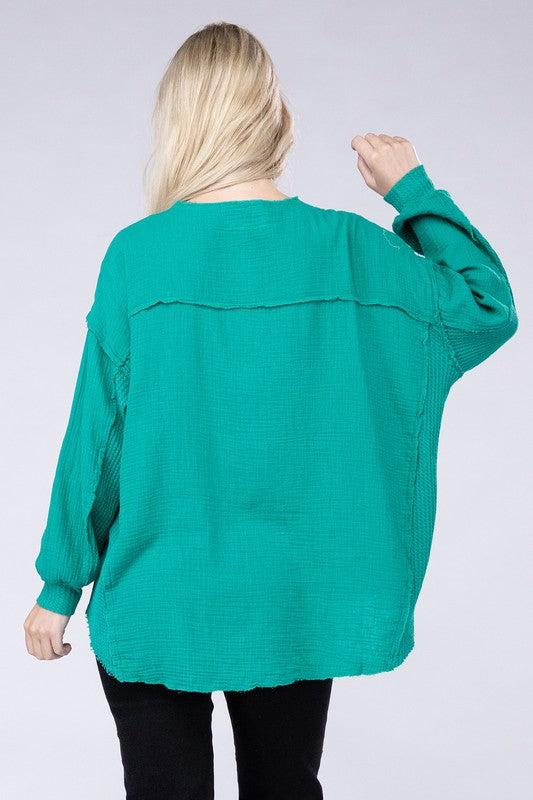 Double Gauze Oversized 3/4 Button Henley Neck Top - Zenana