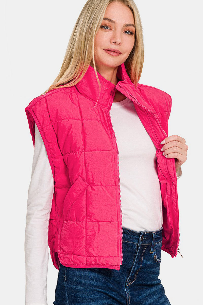 Zenana Zip Up Cropped Puffer Vest with Pockets - Hot Pink