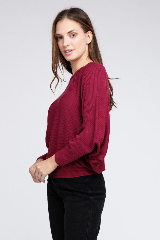 Ribbed Batwing Long Sleeve Boat Neck Sweater - Zenana