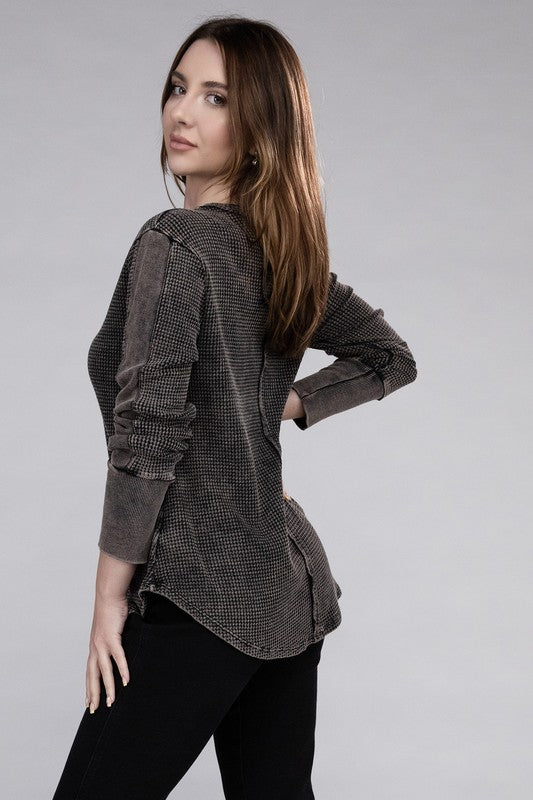 Washed Baby Waffle Long Sleeve Top - Zenana