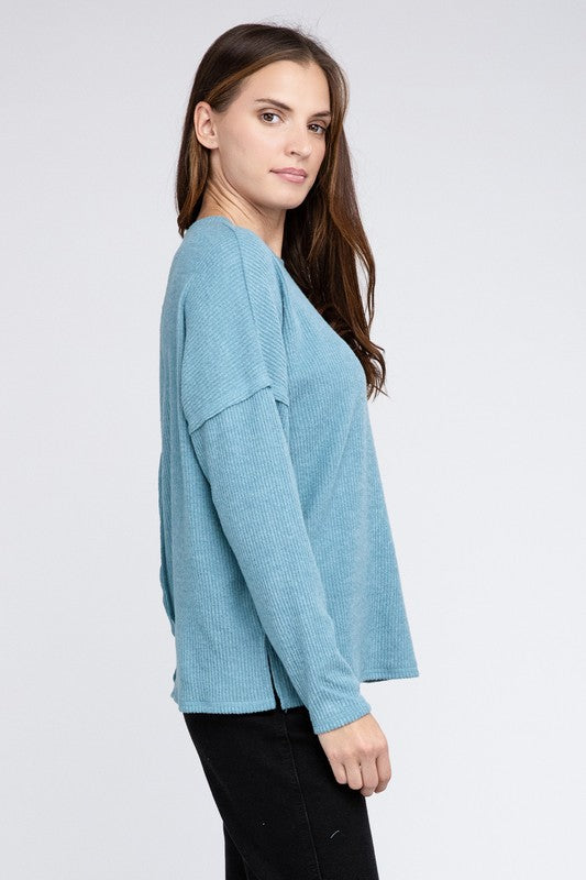 Ribbed Brushed Melange Hacci Sweater with a Pocket - Zenana