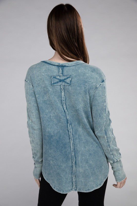 Washed Baby Waffle Long Sleeve Top - Zenana