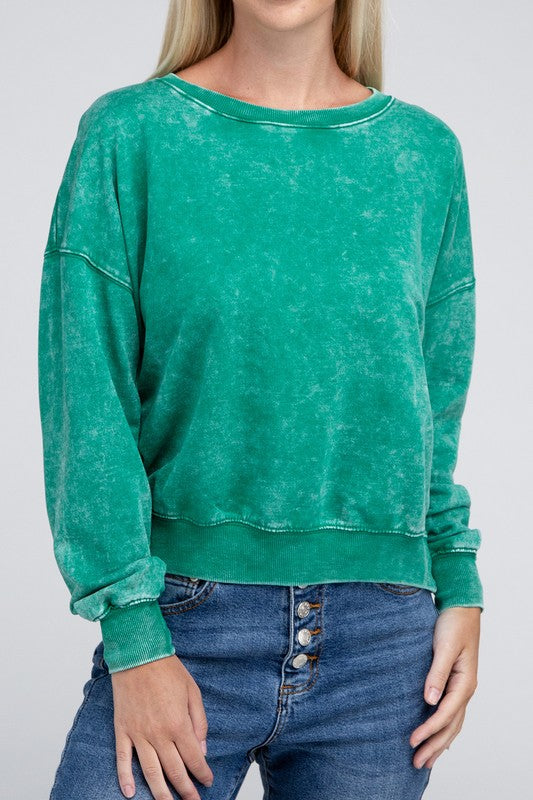 French Terry Acid Wash Boat Neck Pullover - Zenana