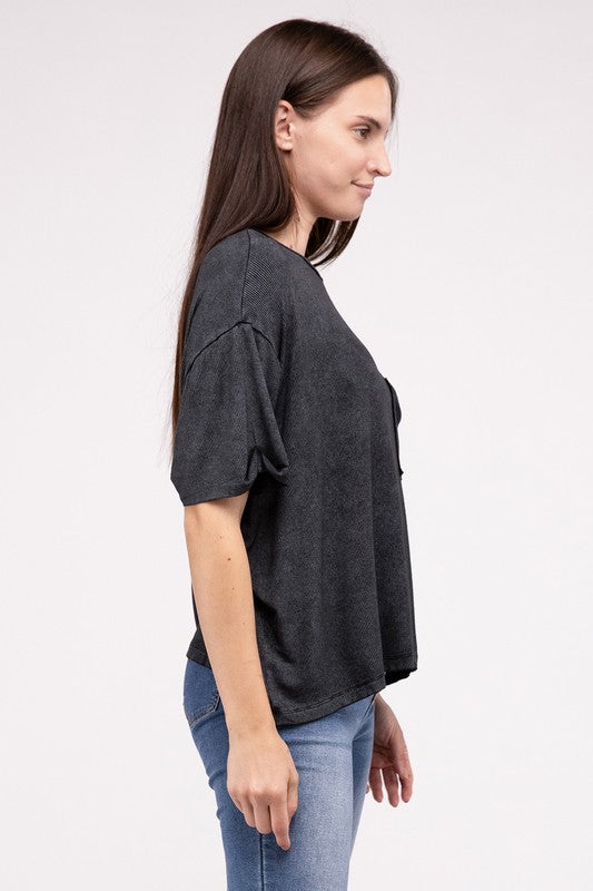 Washed Ribbed Cuffed Short Sleeve Round Neck Top - Zenana