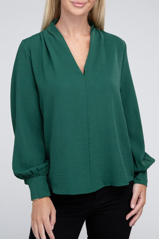 Woven Airflow V-Neck Long Sleeve Top - Zenana