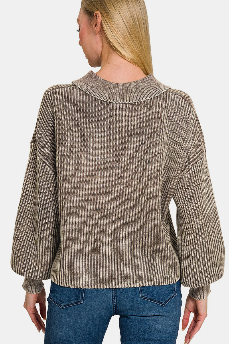 Zenana Washed Half Button Long Sleeve Sweater - Mocha