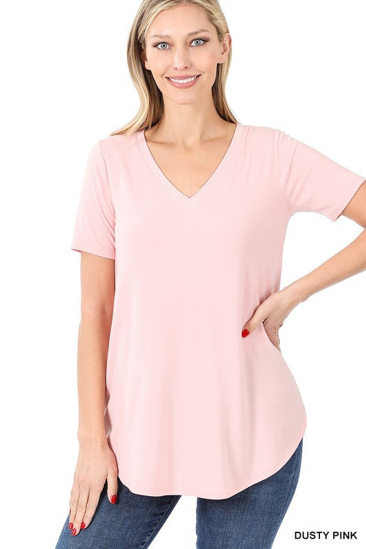 Short Sleeve V-Neck Round Hem Top - Zenana